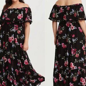 TORRID BLACK FLORAL CHALLIS OFF SHOULDER MAXI DRESS Size 2